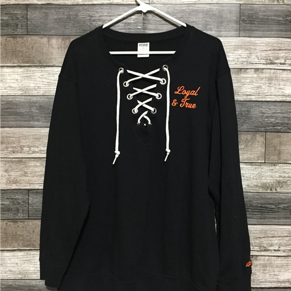 Pink Victoria Secret OSU Oklahoma State Sweatshirt Women’s L Black Orange Tie M5 - Picture 4 of 10